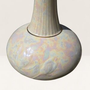 Vtg Belleek Ireland Iridescent Luster Vase White Gold Trim Floral Embossed USA